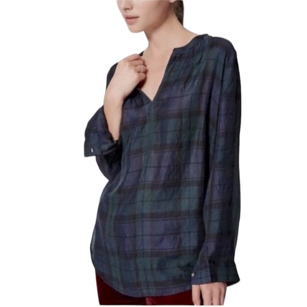 LOFT softened Blue and Green Plaid V-Neck Top - Size Small